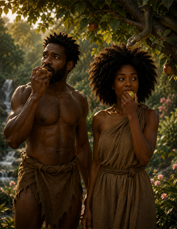 Adam and Eve eat the forbidden fruit from the tree of the knowledge of good and evil in the Garden of Eden as the serpent watches from the tree.