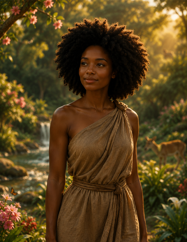 Eve stands peacefully in the Garden of Eden after being created by Yahawah from Adam’s rib, inspired by Genesis 2:21–23.