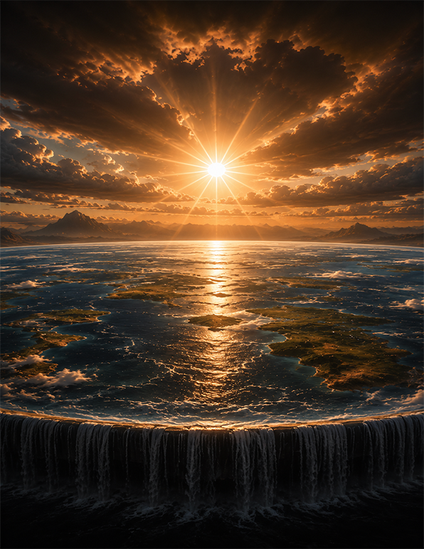 Cinematic biblical depiction of Creation Week showing a flat earth surrounded by waters beneath a brilliant sky, inspired by the Genesis creation account.