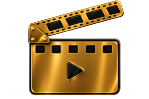 Gold cinematic clapperboard and play button icon representing film and original cinema productions by CineMettle Studios.
