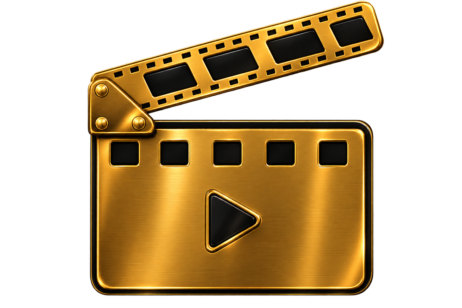Gold cinematic clapperboard and play button icon representing film and original cinema productions by CineMettle Studios.