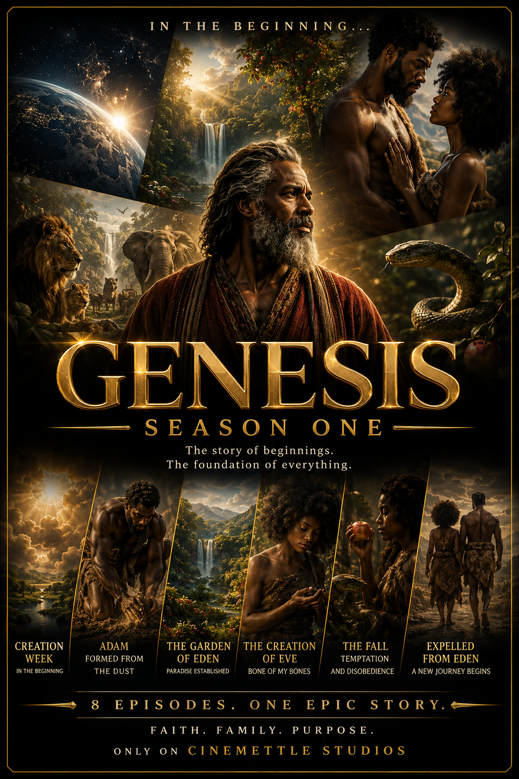 Cinematic Genesis Season One poster depicting Creation, Adam and Eve, the Garden of Eden, the serpent, the fall of man, and expulsion from Eden.