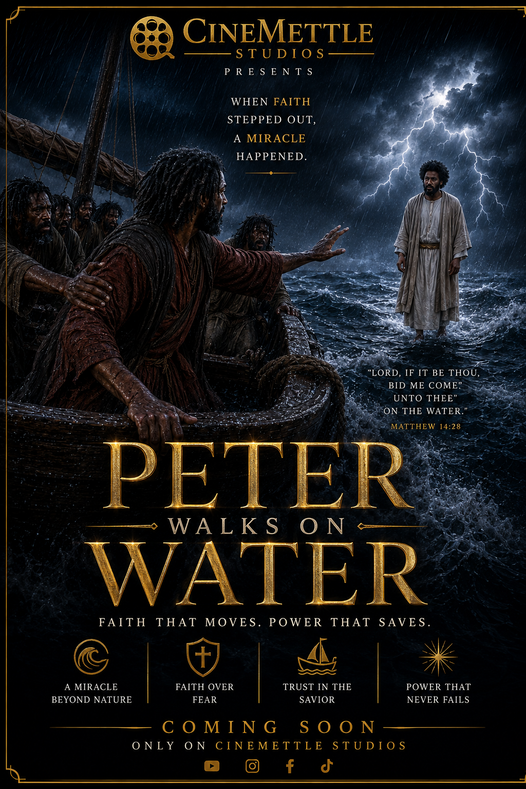 Cinematic Peter Walks on Water poster depicting Peter reaching toward Yahawashi during a storm on the Sea of Galilee, inspired by Matthew 14:22–33.