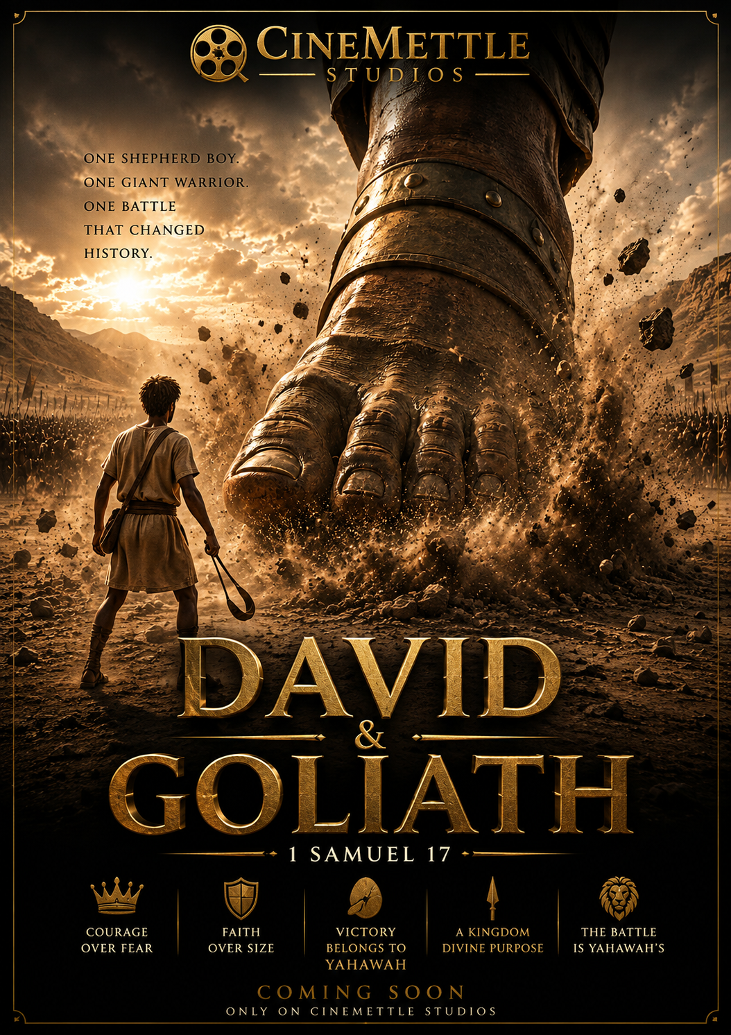 Cinematic David and Goliath poster depicting young David facing the giant Goliath on the battlefield, inspired by 1 Samuel 17.