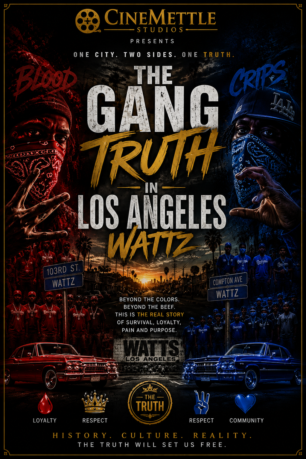 The Gang Truth in Los Angeles Wattz documentary poster exploring Bloods and Crips, gang history, street culture, loyalty, community, and life in Los Angeles.