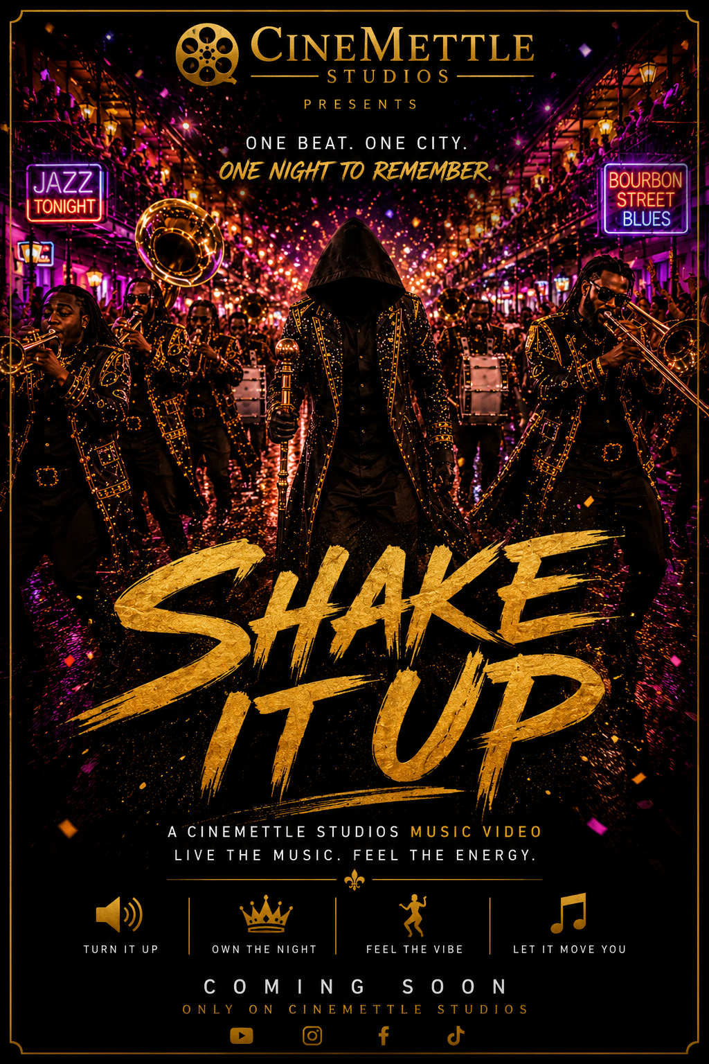 Shake It Up music video poster featuring a nighttime New Orleans-style street celebration with musicians, brass instruments, colorful lights, and a cinematic performance atmosphere.