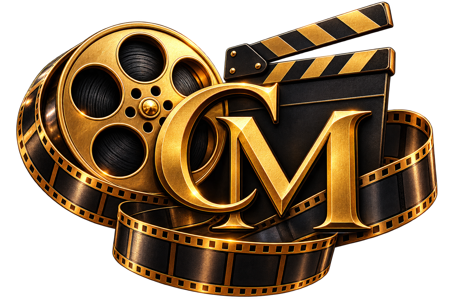 CineMettle Studios gold CM monogram with a film reel, movie clapperboard, and filmstrip.