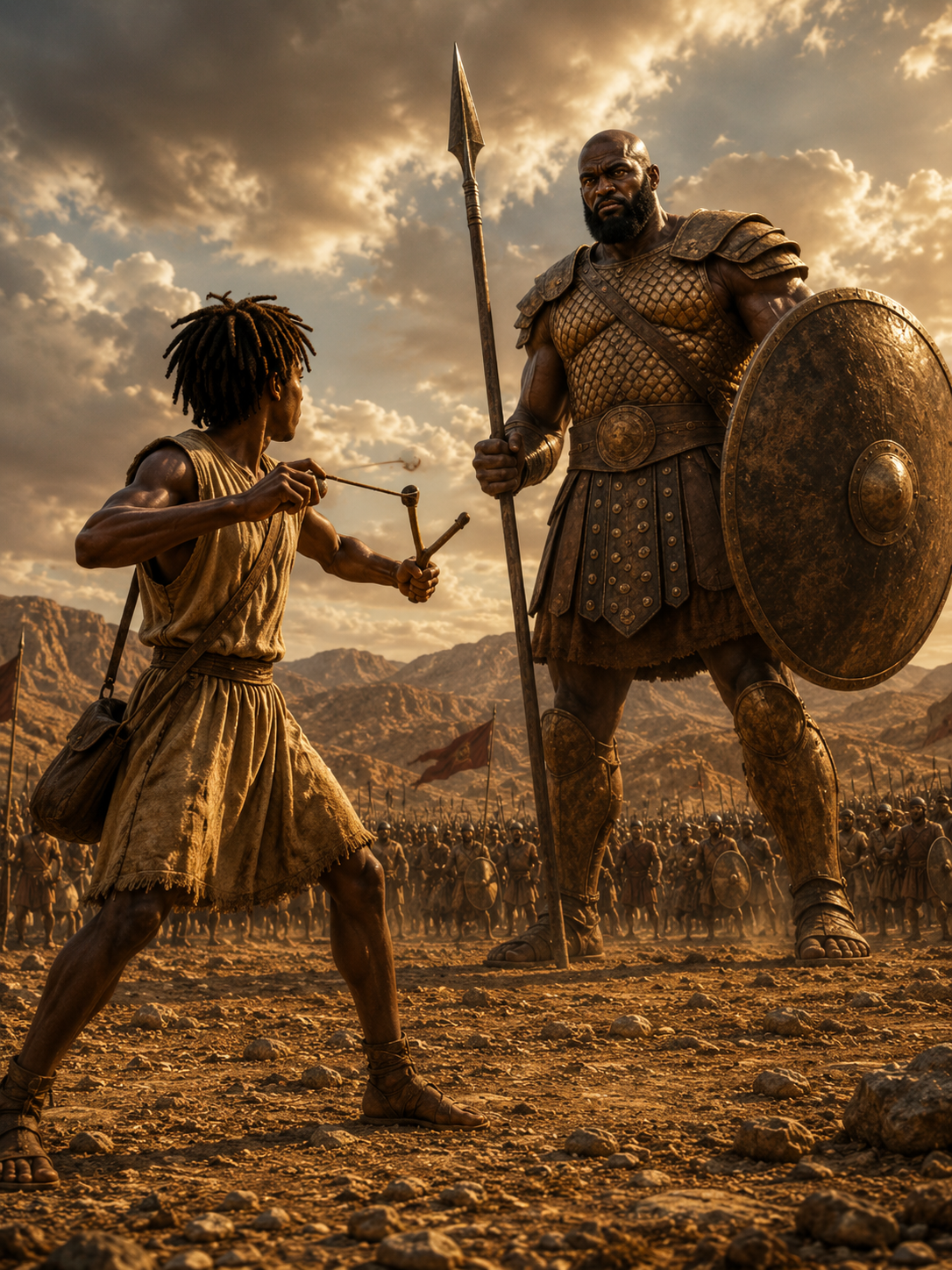 David prepares his sling as he faces the giant Goliath on the battlefield in a cinematic depiction of the biblical account.