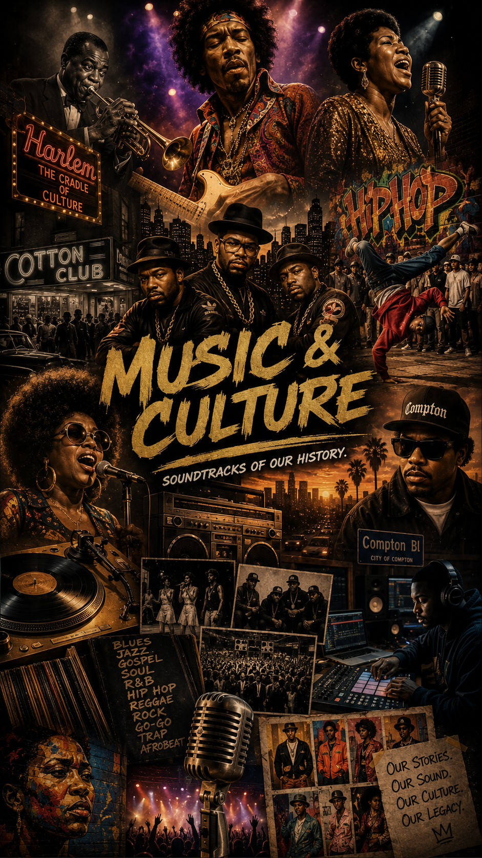 Music and Culture documentary poster celebrating Black music history from blues, jazz and soul to R&B, funk, rock, reggae and hip-hop.