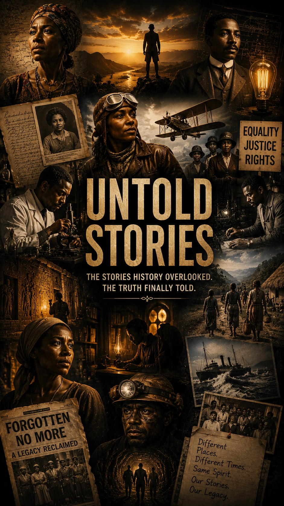 Untold Stories documentary poster highlighting overlooked Black history, forgotten pioneers, hidden achievements and stories reclaimed from the past.