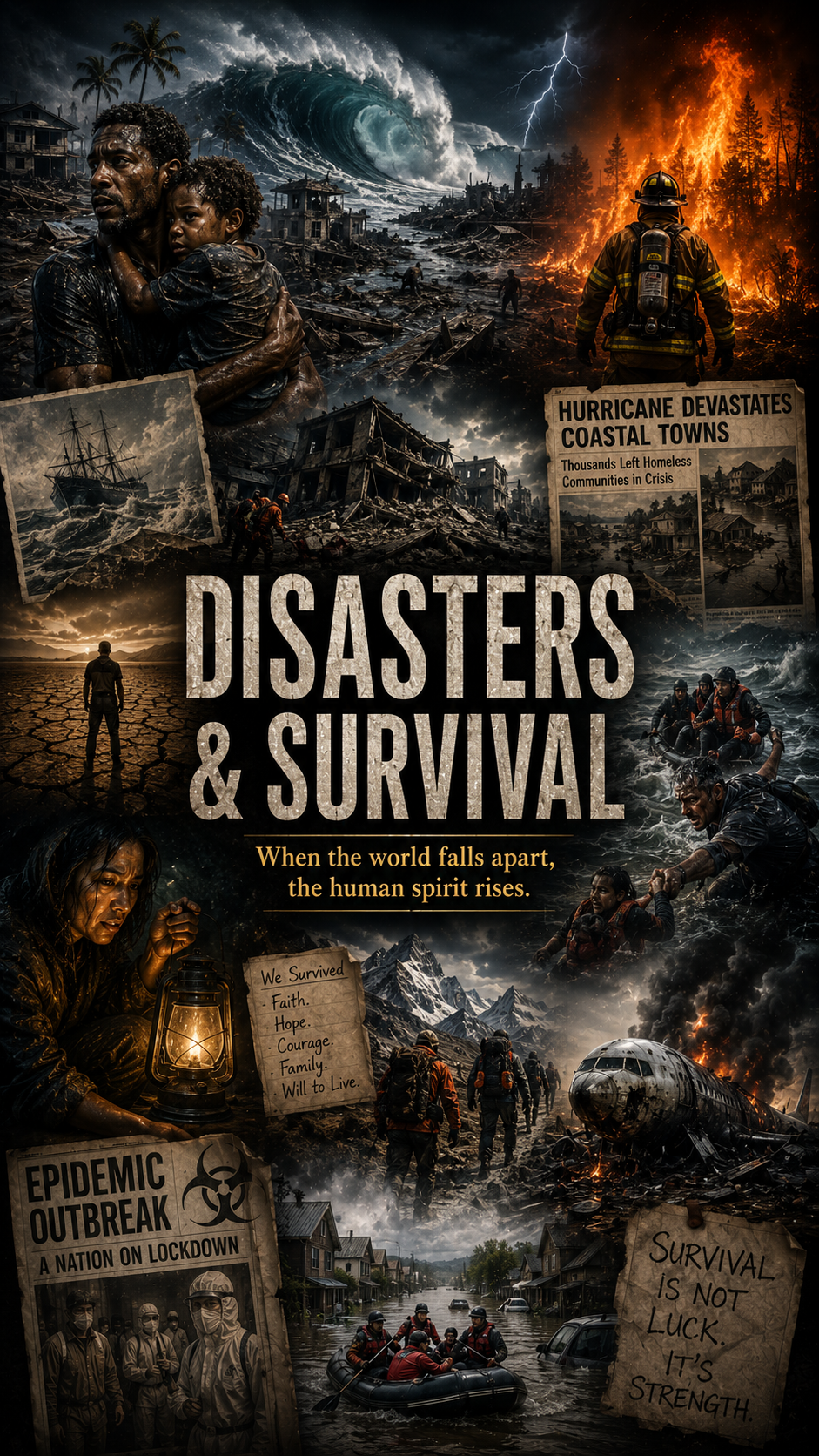 Disasters and Survival documentary poster depicting hurricanes, wildfires, floods, earthquakes, epidemics, rescue efforts and human resilience.
