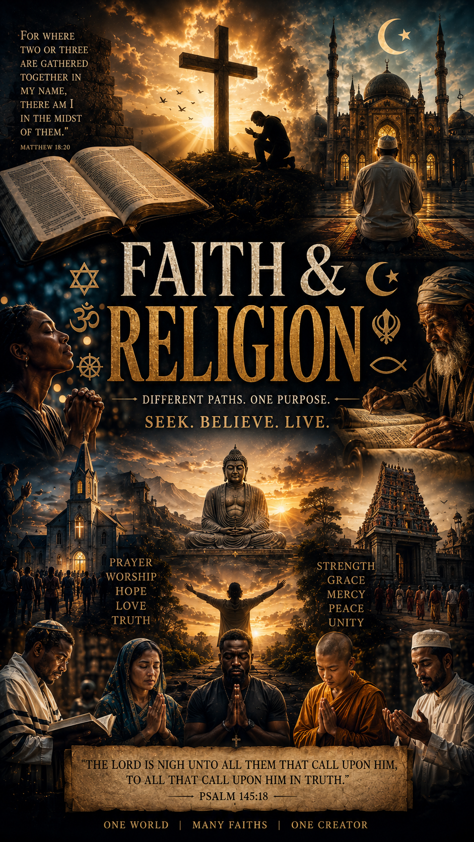 Faith and Religion documentary poster exploring Christianity, Judaism, Islam, Buddhism, Hinduism and other religious traditions, sacred history, prayer and worship.