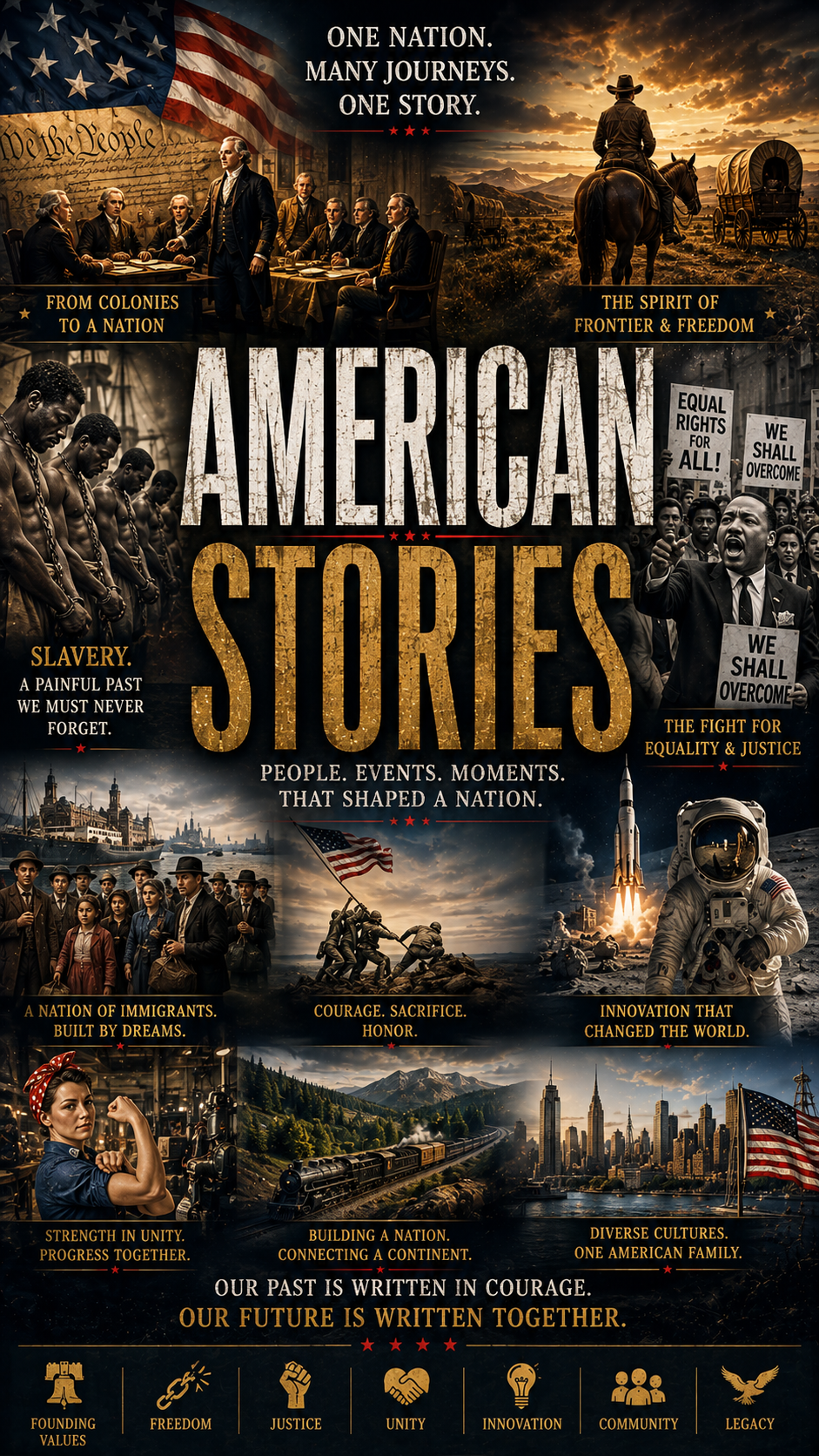 American Stories documentary poster depicting the founding of America, slavery, westward expansion, immigration, civil rights, war, industry, innovation and space exploration.