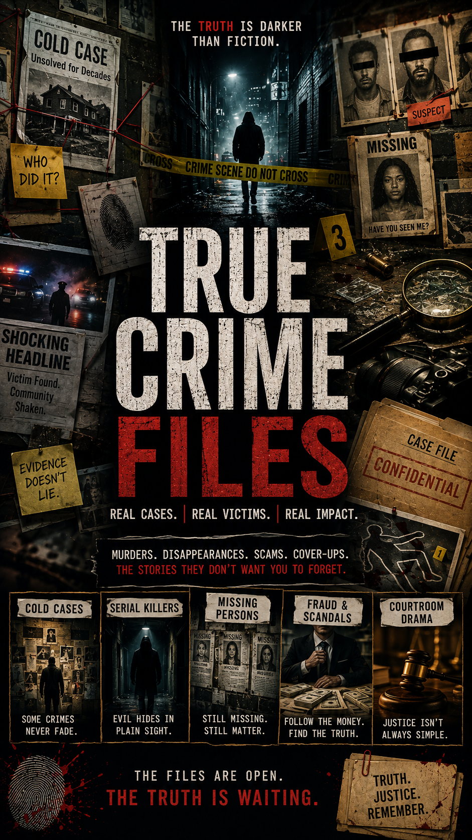 True Crime Files cinematic documentary poster featuring cold cases, missing persons, evidence, investigations, fraud and courtroom cases.