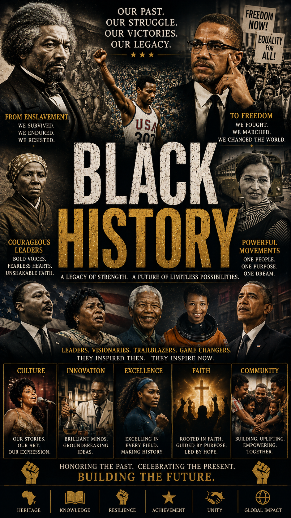 Black History cinematic documentary poster highlighting slavery, resistance, civil rights, Black leaders, culture, innovation, faith, achievement and community.