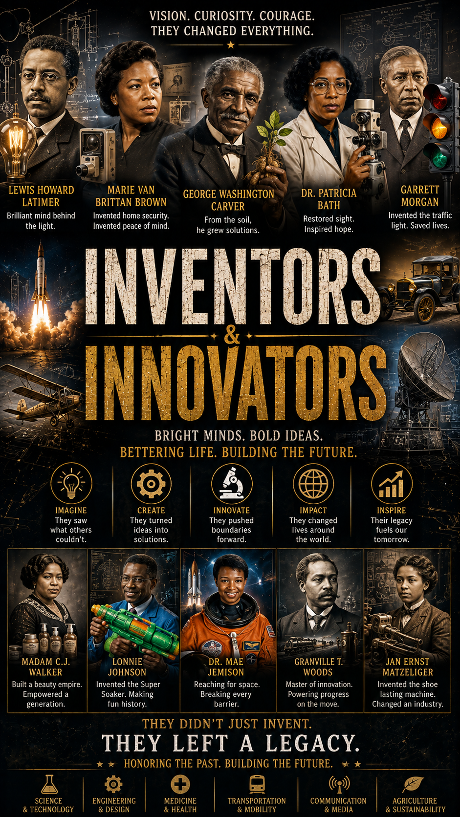 Inventors and Innovators cinematic documentary poster celebrating Black pioneers in science, medicine, engineering, transportation, communication and technology.