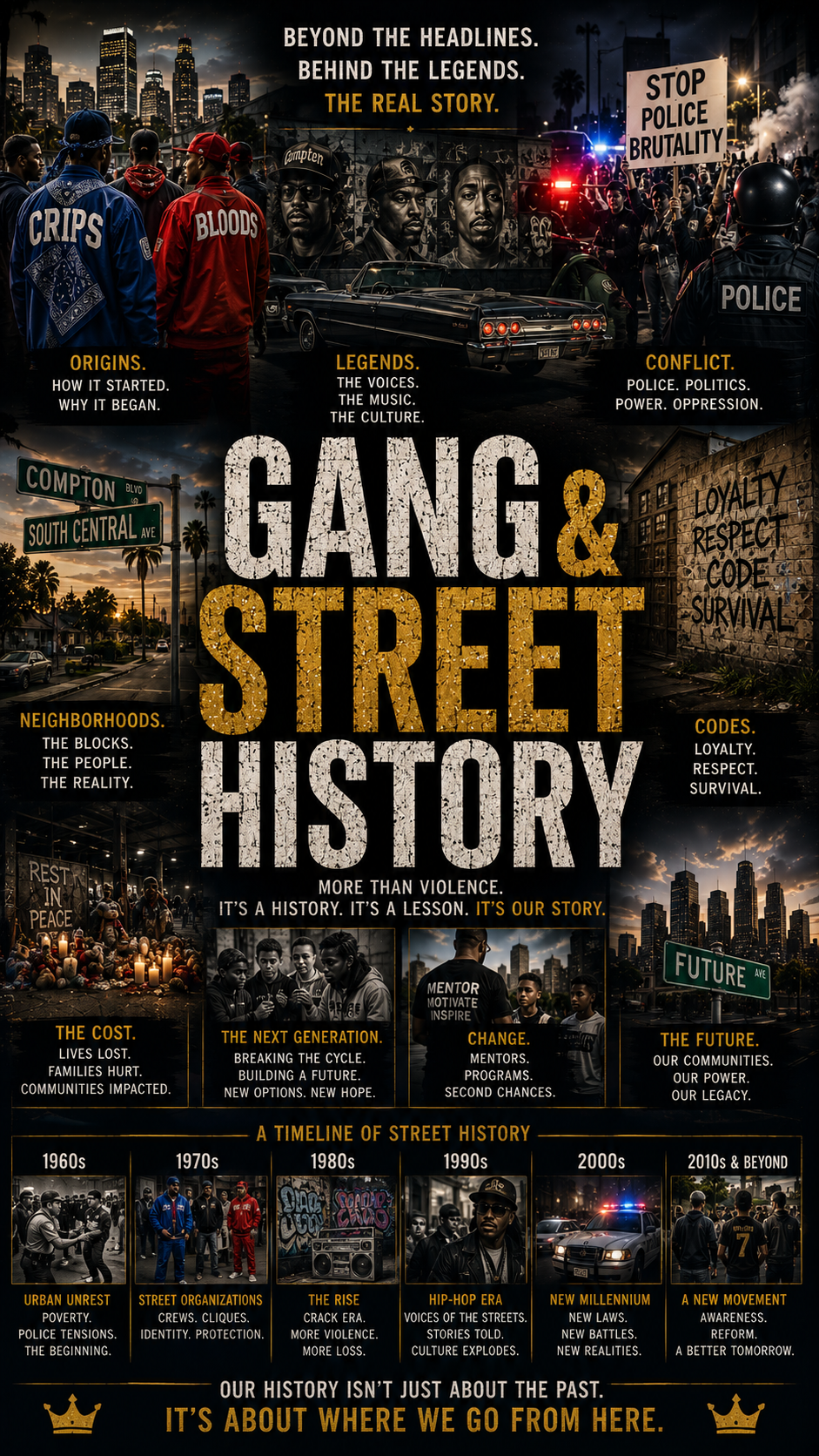 Gang and Street History documentary poster exploring street organizations, neighborhoods, conflict, policing, community impact and change across generations.