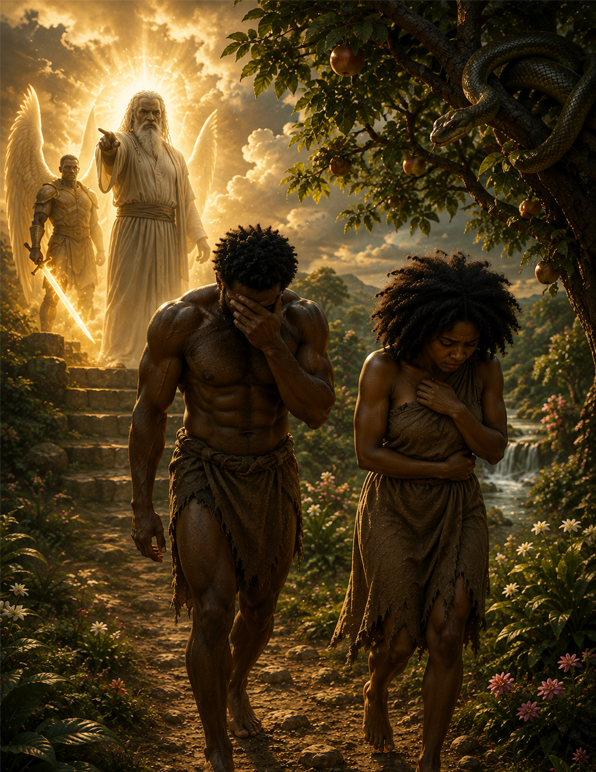Adam and Eve leave the Garden of Eden in sorrow after their disobedience, while cherubim guard the way to the tree of life.