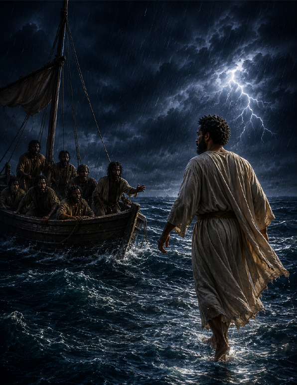 Cinematic biblical depiction of Peter walking on the stormy sea toward Yahawashi as the disciples watch from their boat, inspired by Matthew 14:22–33.