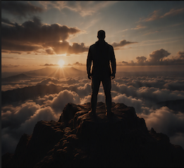 Silhouette of a filmmaker standing on a mountain overlooking a dramatic landscape at sunset, representing vision, purpose, creativity, and cinematic storytelling.