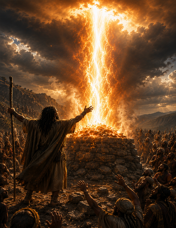 Elijah stands before the altar as fire from heaven descends before the people of Israel on Mount Carmel.