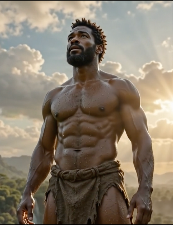 Cinematic biblical depiction of Adam, the first man, standing alive after Yahawah formed him from the dust of the ground and breathed into him the breath of life.