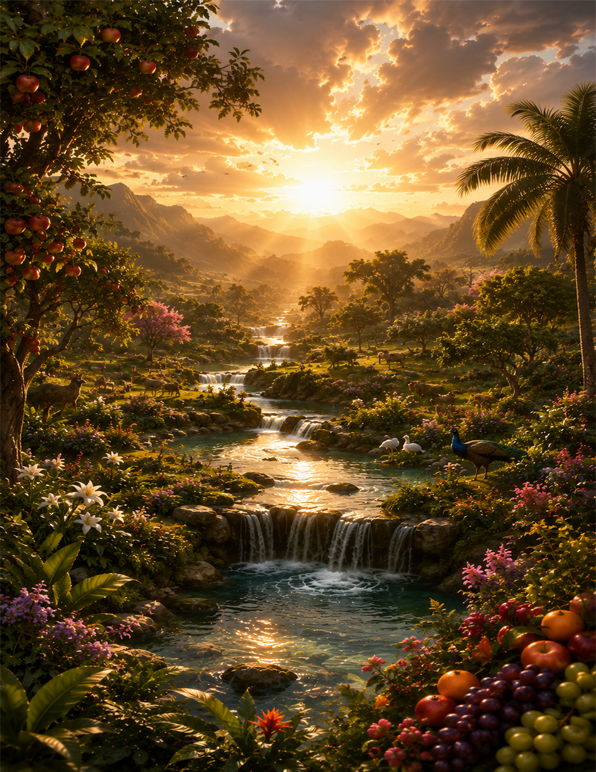 A lush cinematic depiction of the Garden of Eden filled with flowing rivers, waterfalls, fruit trees, flowers, and wildlife, inspired by Genesis 2:8–14.