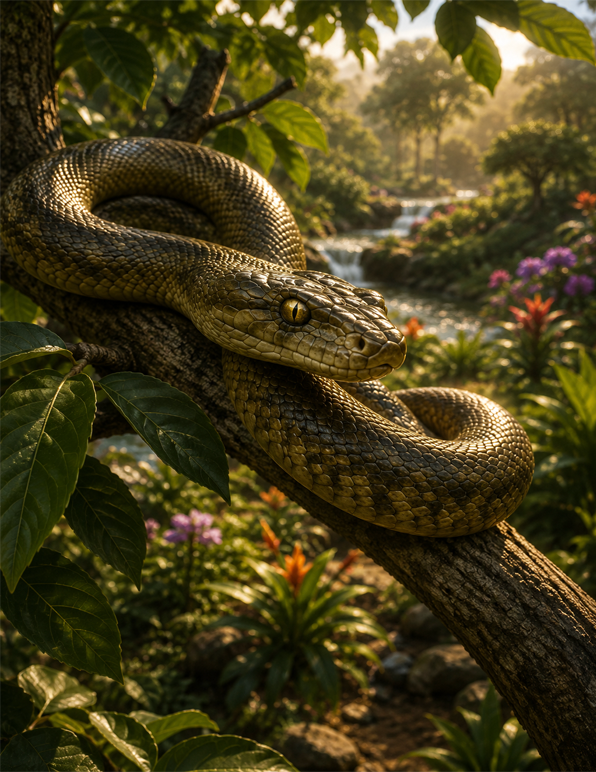 The serpent rests in a tree in the Garden of Eden before tempting Eve in a cinematic depiction of Genesis 3.