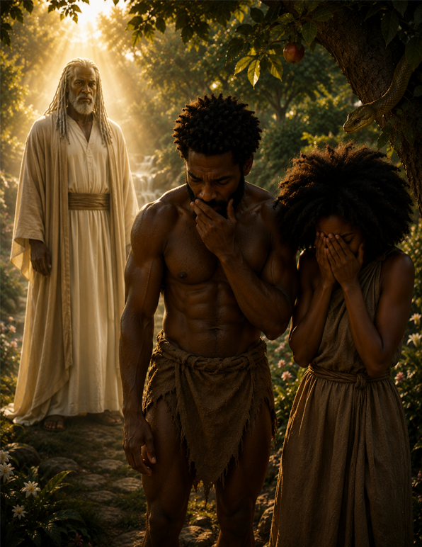 Cinematic depiction of Adam and Eve standing ashamed in the Garden of Eden after eating the forbidden fruit as Yahawah confronts them.