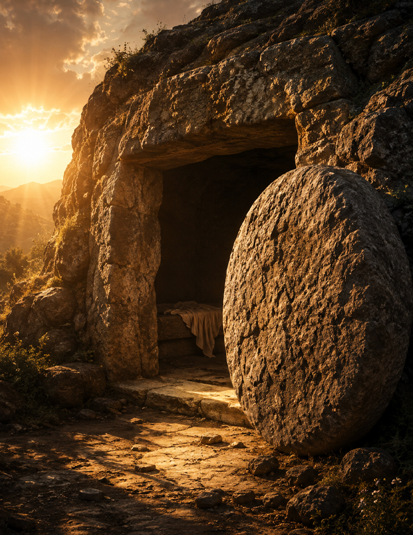 Cinematic biblical depiction of the empty tomb at sunrise with the large stone rolled away, representing the resurrection of Yahawashi.