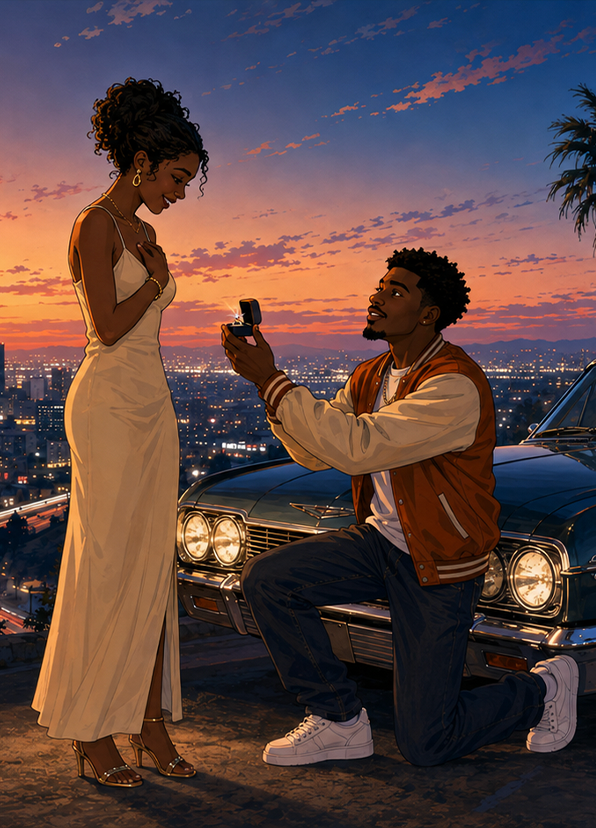 Romantic marriage proposal music visual by CineMettle Studios featuring a Black couple at sunset beside a classic car