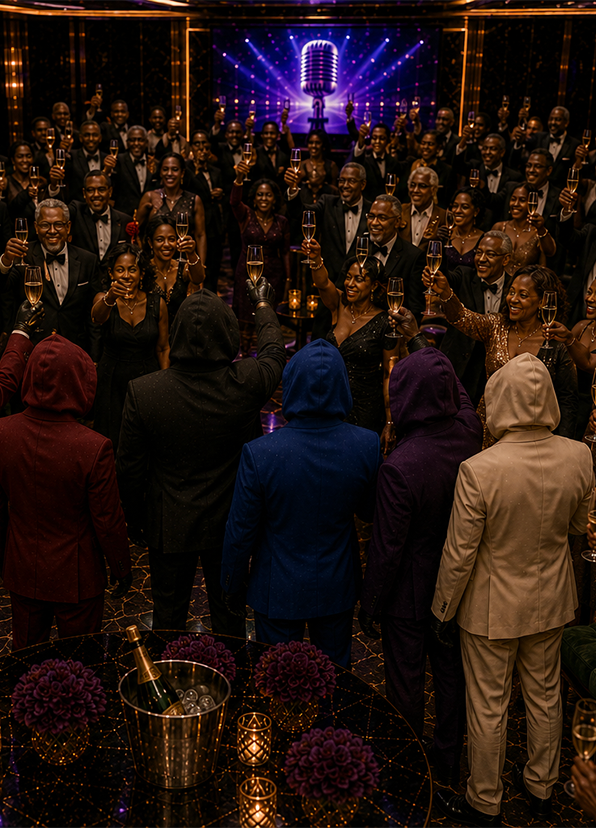 Elegant Black adults celebrating together at an upscale 40-plus social event with live entertainment