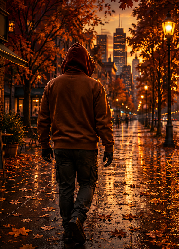 Hooded figure walking alone down a rain-soaked city street surrounded by autumn leaves and warm streetlights