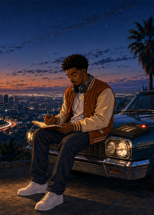 Black music artist writing lyrics beside a classic lowrider at sunset overlooking Los Angeles for CineMettle Studios Music & Visuals