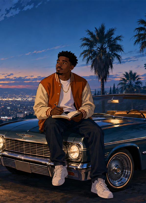 Black music artist sitting on a classic lowrider at sunset with palm trees and Los Angeles city lights for CineMettle Studios Music & Visuals