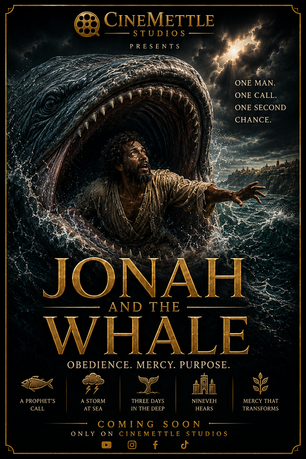 Jonah and the Whale Biblical Cinema poster by CineMettle Studios depicting Jonah in the sea before the great fish during a violent storm