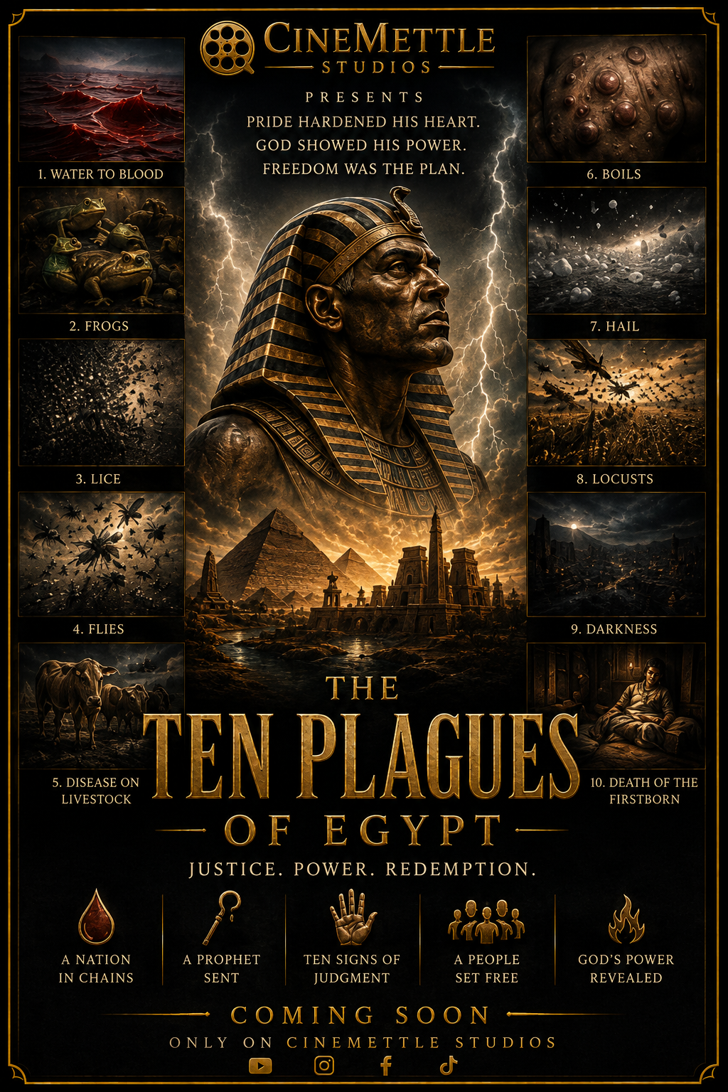 The Ten Plagues of Egypt Biblical Cinema poster by CineMettle Studios depicting Pharaoh and the biblical plagues sent upon ancient Egypt
