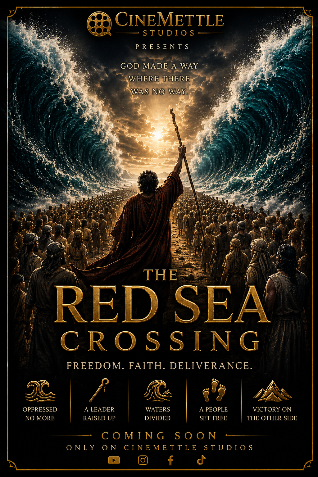 The Red Sea Crossing Biblical Cinema poster by CineMettle Studios depicting Moses leading the children of Israel through the divided Red Sea