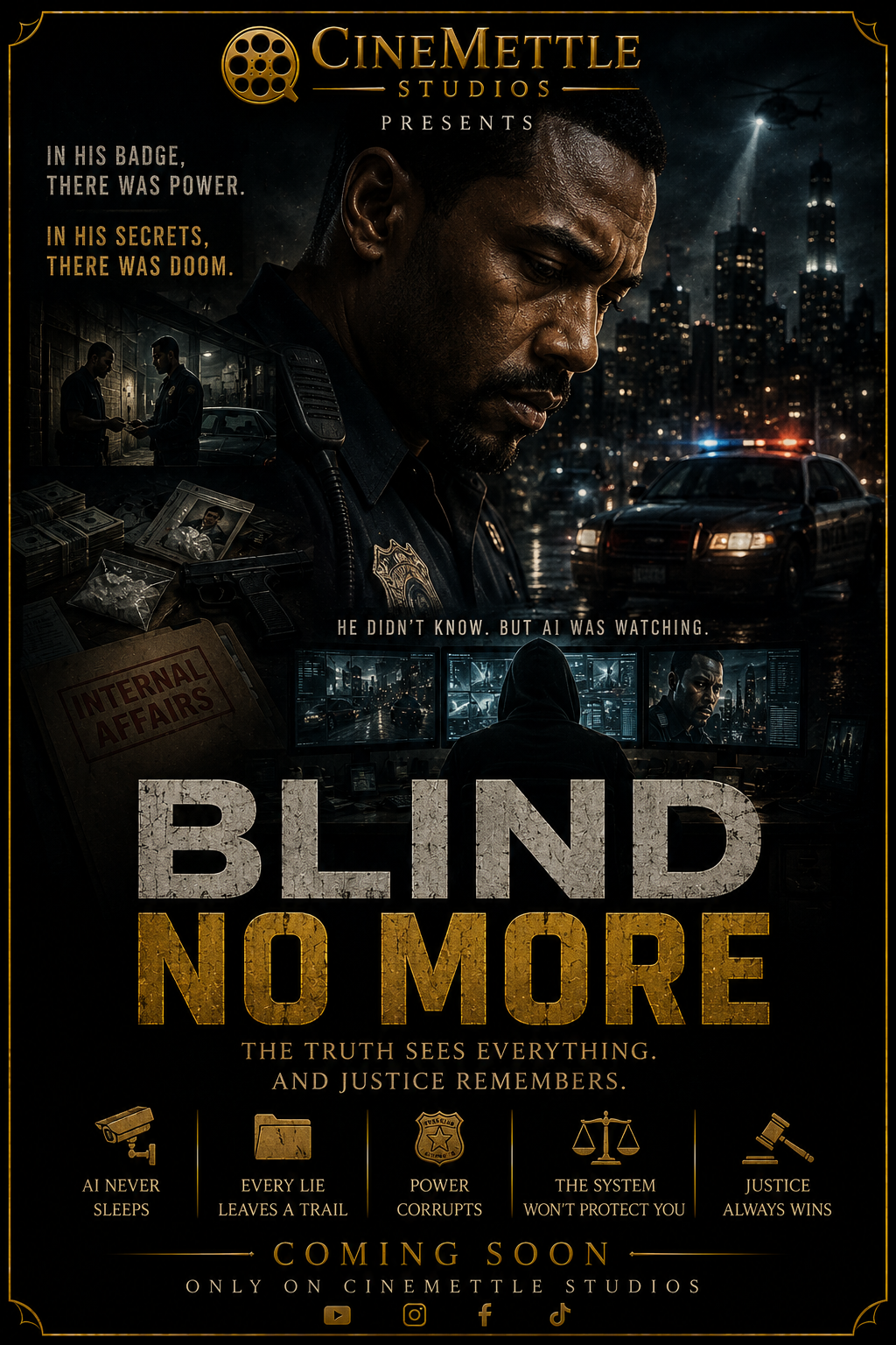 Blind No More original crime thriller by CineMettle Studios featuring a corrupt police officer under investigation by Internal Affairs
