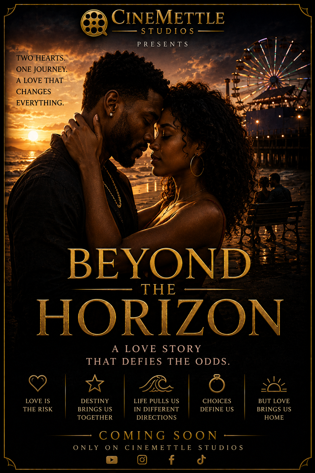 Beyond the Horizon romantic drama by CineMettle Studios featuring a Black couple embracing at sunset near the Santa Monica Pier