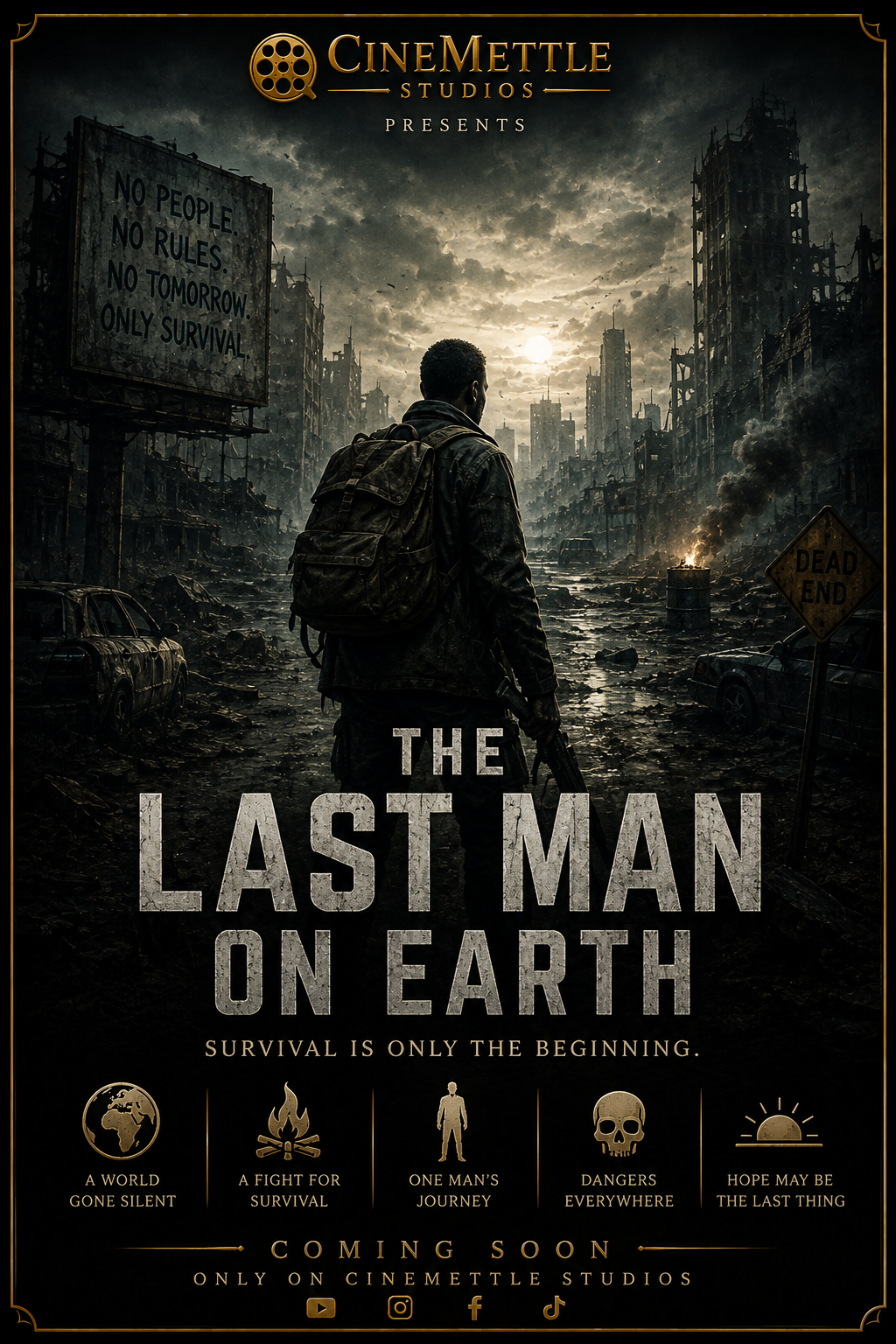 The Last Man on Earth post-apocalyptic survival film by CineMettle Studios featuring a lone survivor walking through a destroyed city