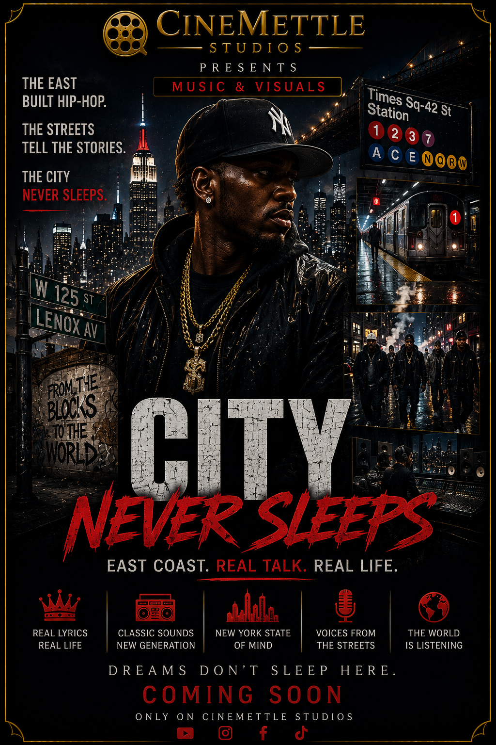 City Never Sleeps East Coast music and visuals project by CineMettle Studios featuring New York hip-hop, city streets and recording studio culture