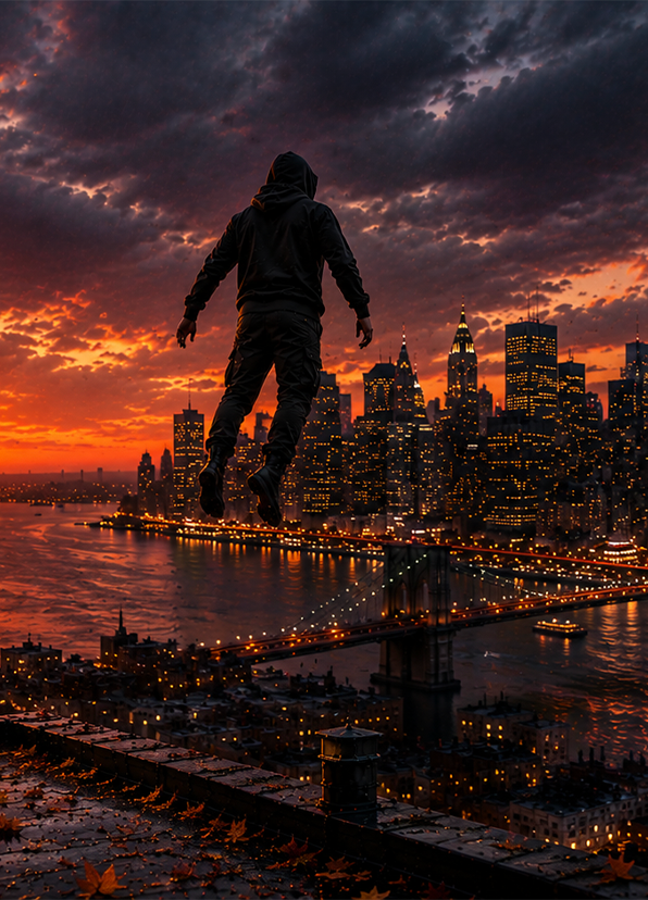 Hooded figure flying above a city skyline and bridge during a dramatic orange sunset