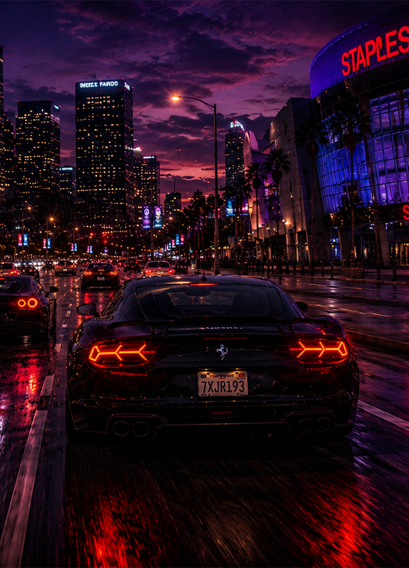 Black luxury sports car driving through downtown Los Angeles at night on rain-covered streets