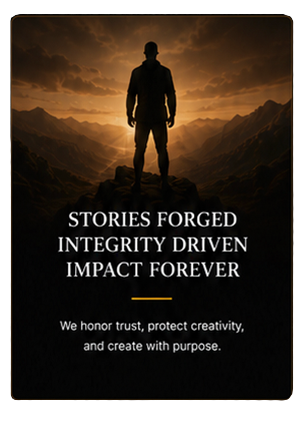 CineMettle Studios values graphic featuring a silhouetted filmmaker overlooking mountains at sunset with the message Stories Forged, Integrity Driven, Impact Forever