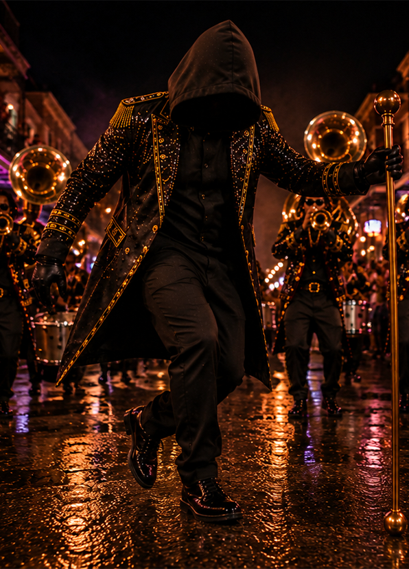 Hooded performer in a black and gold outfit leading a marching band on a rain-soaked street at night