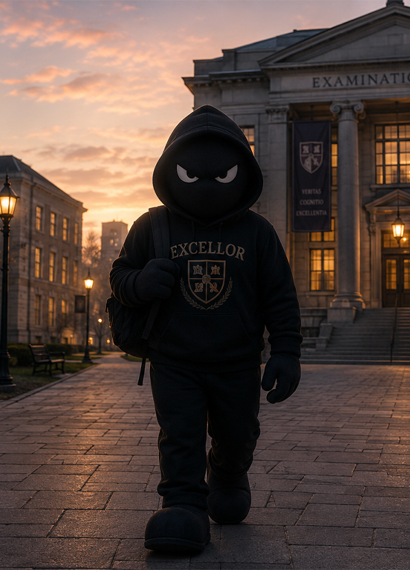 Mysterious hooded student walking across a university campus at sunset for a CineMettle Studios cinematic story