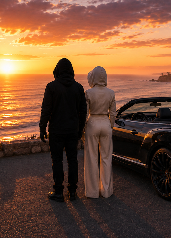 Hooded couple standing beside a luxury convertible overlooking the ocean at sunset
