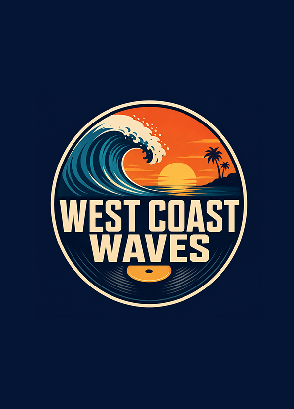 West Coast Waves music logo featuring an ocean wave, sunset, palm trees and vinyl record design